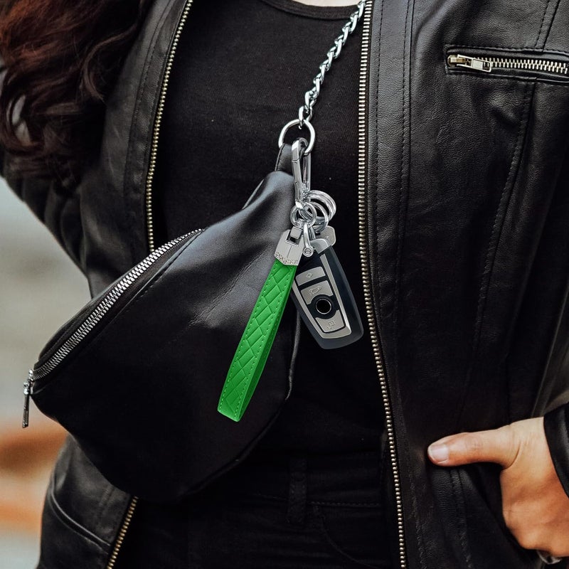 OHKYOOT Store Leather Wristlet Keychain,Car Key Chain Wrist Keychain with 3 Key Ring and Anti-Lost D Ring (Green) - Image 4